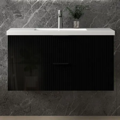 Produktbild von Unterschrank mit Waschbecken Waschbeckenunterschrank Badmöbel Waschtisch Badezimmerschrank, hochglanz Schwarz Holz, Sanfter Schluss, 100x44.5x52cm