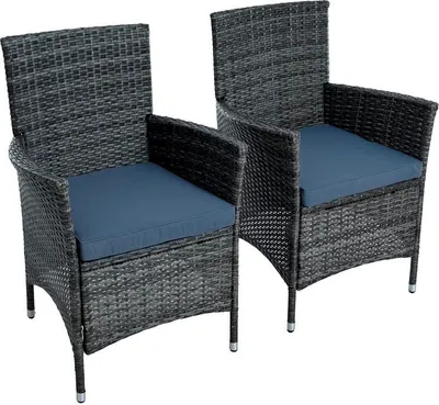Two gray rattan chairs with blue cushions are shown against a white background.