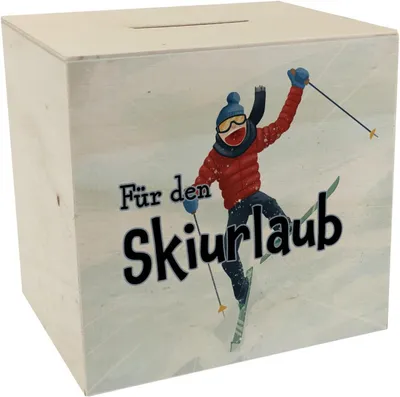 Productafbeelding van Spaarpot van hout met grappig skiërmotief en spreuk