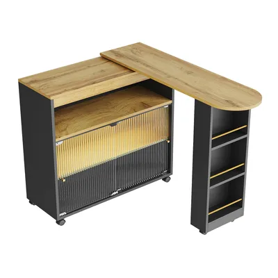 Produktbild von Flieks Ausziehbar Esstische Küchentisch mit Regal und Staufach, Bartisch Stehtisch mit LED, Rechteckig Tisch Kücheninsel 360 ° Drehbar, Schwarz