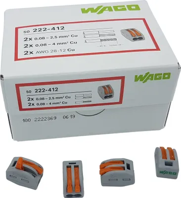 Produktbild von 30 Stück Wago 222-412 Verbindungsklemme 2 Leiter mit Betätigungshebel 0,08-4 mm², grau