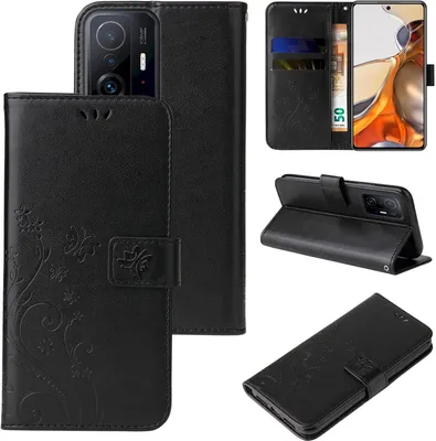 Produktbild von Handyhülle für Xiaomi 11T / 11T Pro Floral Blumen Schmetterling Flip Cover Hülle Case Klapphülle Handytasche Farbe: Schwarz