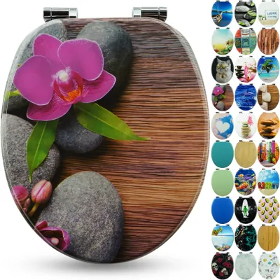 Produktbild von Sanfino® Premium WC Sitz "Orchid" hochwertiger Toilettendeckel mit Absenkautomatik aus Holz, viele bunte Motive, einfache Montage