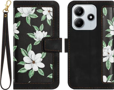 Obrázok produktu pre Pre Xiaomi Redmi Note 14 5G Umelá koža Peňaženka Mobilné telefóny Vrecko Kvetinový dizajn Obal Puzdro Čierna