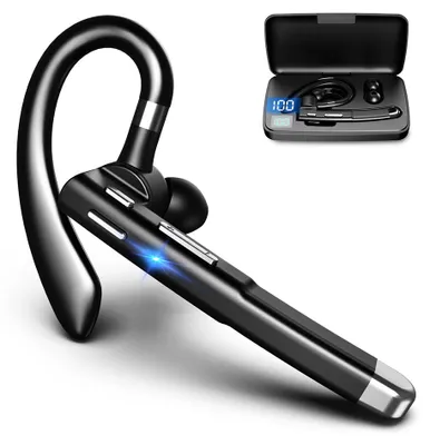 A black Bluetooth headset with a charging case is displayed against a white background.