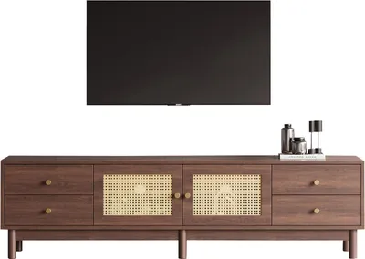 Image de Armoire TV 180 cm, armoire TV en rotin et en bois, banc TV avec 4 tiroirs et 2 portes, style rétro, brun