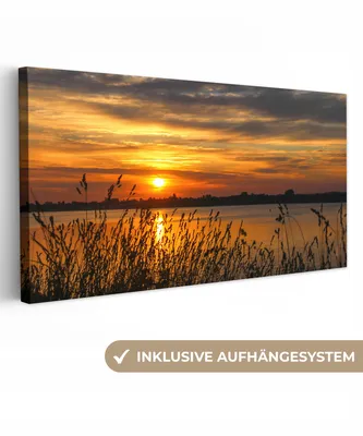 Produktbild von MuchoWow® - Leinwandbilder - Sonnenuntergang - Meer - Horizont - Himmel - Pflanzen, Wandbild, Wanddeko Bilder Wohnzimmer, 40x20cm
