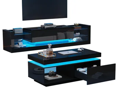 Productafbeelding van TV-wandmeubelset, bestaande uit een TV-kast en een salontafel, met hoogglanzende afwerking en LED-verlichting