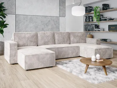 Produktbild von Wohnlandschaft U-Form XXL mit Schlaffunktion und Bettkästen 338x169 Cord Poso Creme BRIK XL