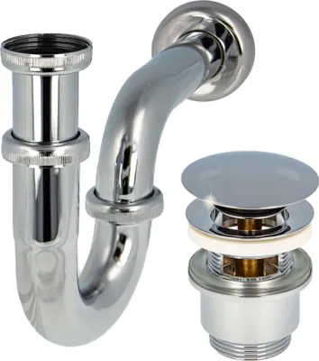 A chrome-plated siphon and pop-up drain valve set for a sink.