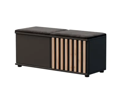 A product shot of a shoe cabinet with a bench on a white background.