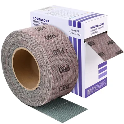 Image de Rôle de papier abrasif pour ponceuse, grain P80, avec velcro, dimensions 70 mm x 12 m, pour bois, métal et murs