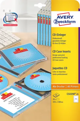 Produktbild von Avery Zweckform C32250-25 CD-Einleger, 151 x 118 mm, 25 Blatt, weiß