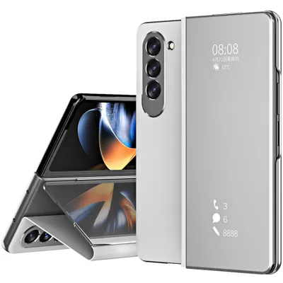 Obrázek produktu pro Pouzdro na Samsung Galaxy Z Fold 5 průhledný zrcadlový kryt, stojánek zPolyuretankůže Stříbro
