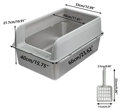 Zdjęcie produktu dla Kuweta dla kota ze stali nierdzewnej - Duża kuweta dla kota - Półotwarta - Z łopatką - Łatwa do czyszczenia - 60x40x27,7 cm - Dla kotów do 6 kg - Szara i srebrna