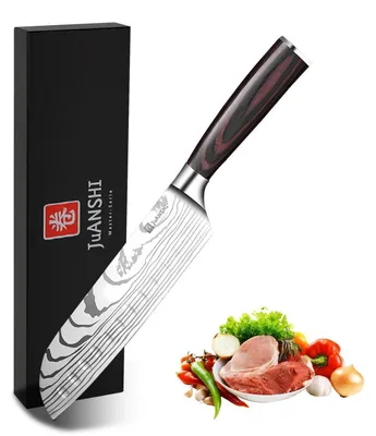 Image de Couteau Santoku 18 cm, couteau de cuisine professionnel, en acier inoxydable, avec manche en bois de pakka. Couteau de cuisine asiatique