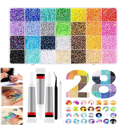 Produktbild von Strasssteine Set 30000 Stück, 3mm Strasssteine in 28 Farben mit Kleber, Pinzette & Sortierbox für Basteln, Nail Art und Textilien