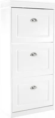 A white shoe cabinet with three drawers.