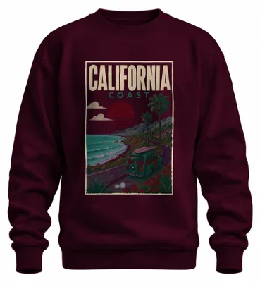 Obrázek produktu pro Vintage retro mikina s potiskem "California Coast Surfing Roadtrip", barva: vínová, velikost: M