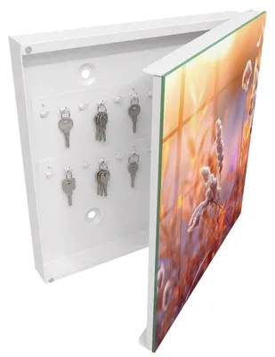 Produktbild von Weißer Schlüsselschrank aus Metall 30 x 30 cm - Schlüsselbox zur Wandmontage mit Tür - rechts öffnender Schlüsselkasten - praktische Schlüsselaufbewahrung für Zuhause - Sonnenuntergang, KI-generiertes Bild