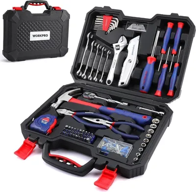 Image de WORKPRO Jeu d'outils 106 pièces avec coffret de rangement - pince, tournevis, marteau, mètre ruban, couteau, manche à cliquet