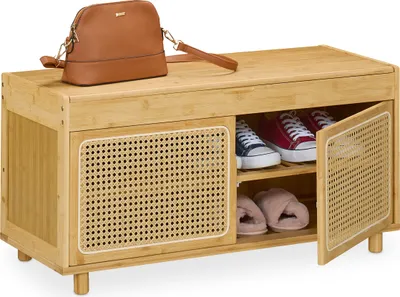 Zdjęcie produktu dla Ławka na buty Relaxdays, z schowkiem, 2 przegródki, bambus, imitacja rattanu, wys. x szer. x gł.: 45 x 90 x 37 cm, przedpokój, regał na buty, kolor naturalny/beżowy