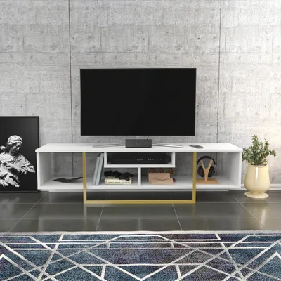 Produktbild von Skye Decor, Asal 150 - White, Gold, Fernsehtisch, Weiß, 100 % MELAMINBESCHICHTETE SPANPLATTEN, 150 x 35,2 x 40 cm