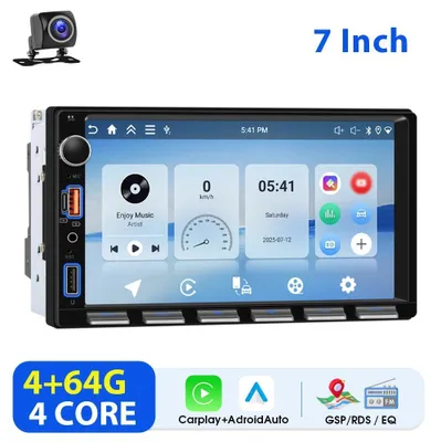 Obrázek produktu pro Autorádio – 2-DIN, Android 15, CarPlay – dotykový displej 17,8 cm – Bluetooth – FM rádio – CD – univerzální – se zadní kamerou