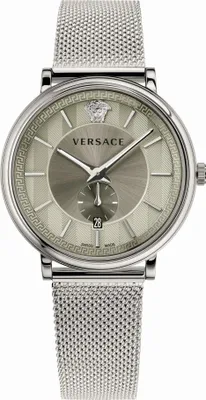 A product shot of a silver Versace watch.