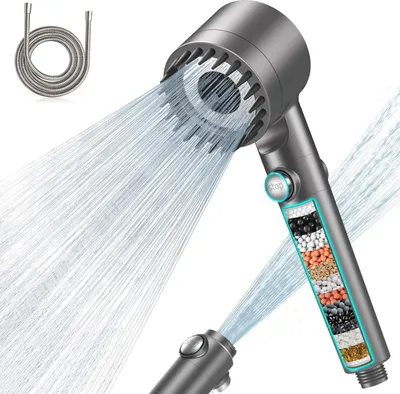 Immagine prodotto di Soffione anticalcare con filtro a 15 stadi e tubo flessibile da 1,5 m Soffione a risparmio idrico ad alta pressione Filtro doccia 3 + 1 tipi di getti