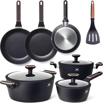 Imagen del producto de Juego de ollas de 12 piezas con revestimiento antiadherente - Juego de ollas con tapa - Juego de ollas para inducción - Juego de ollas y sartenes para todo tipo de cocinas - Utensilios de cocina para gas y vitrocerámica ()