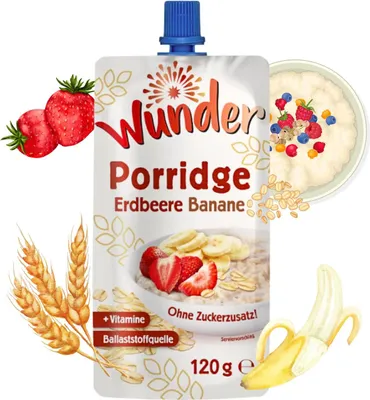 Produktbild von WUNDER Quetschie Erdbeere Banane 120g mit Haferflocken Ballaststoffquelle Vitamine, ohne Zuckerzusatz