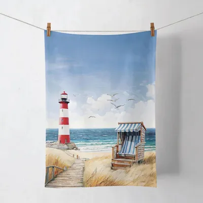 Produktbild von Geschirrtuch Küchenhandtuch 50x70cm Maritim Leuchtturm Möwen Strandkorb Meer Dünen