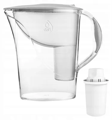 A clear product shot of a water filter pitcher and a replacement filter cartridge.