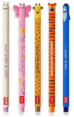 Produktbild von LEGAMI Set mit 5 radierbaren Gelstiften mit thermoempfindlicher Radiertinte, verschiedene Tintenfarben und Schaftdesigns, 0,7 mm Spitze, Hase, Tiger, Giraffe, Schmetterling und Hai