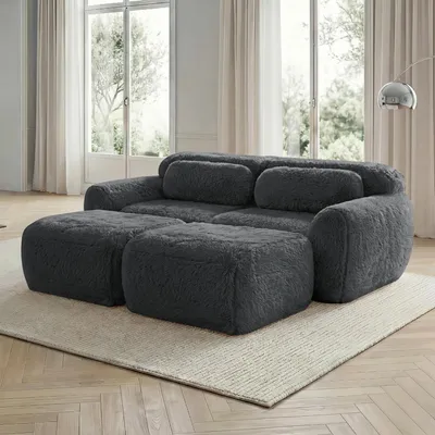 Produktbild von Boneless Cloud Sofas, Weicher Flauschplüsch-Stoff, Modulares Schlafsofa mit 2 Ottomans, Zweisitzer-Sofas, Montagefrei, Bequemes Sofa für Wohnzimmer,Grau