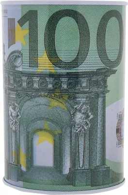 Produktbild von Spardose Geld sparen mit Stil: Robuste Sparbüchse aus Metall im 100 Euro Design, 85mm Durchmesser, 1 Stück für Urlaub oder Geburtstage