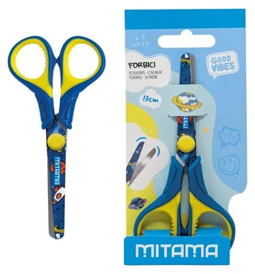 Obrázok produktu pre Nožnice „GOOD VIBES“, modré/žlté, detské, 13 cm, MITAMA 61286-90169