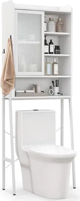 A white bathroom storage unit with sliding glass doors and shelves, placed above a white toilet.