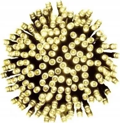 A close-up view of a string of warm white LED lights.