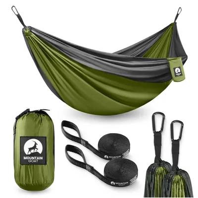 Produktbild von MOUNTAIN GOAT Trekking-Hängematte, für 2 Personen, 1,3 kg, inkl. Gurte und Karabiner, grau-grün