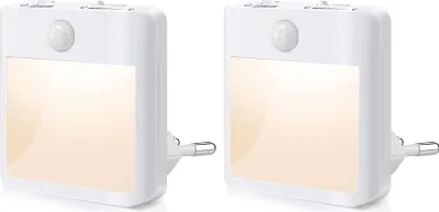 Two white plug-in night lights with motion sensors are shown side-by-side against a white background.