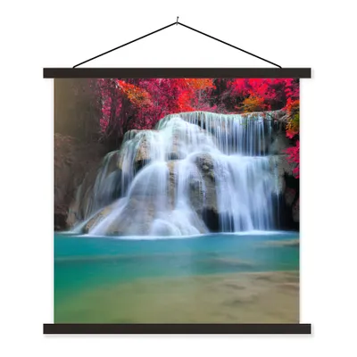 Produktbild von MuchoWow® Textilposter Wasserfall - Bäume - Rot - Landschaft - Natur 40x40 cm mit schwarzem Rahmen - Fotos