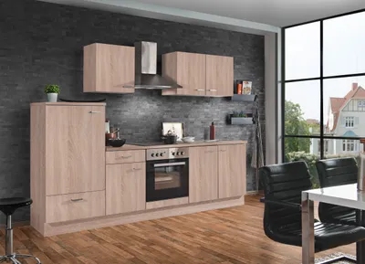 Produktbild von Menke Möbelfabrik Küchenzeile Classic 270 cm mit Elektrogeräten, Glaskeramik Kochfeld, 4 Sterne Gefrierfach, Sonoma Eiche Nachbildung