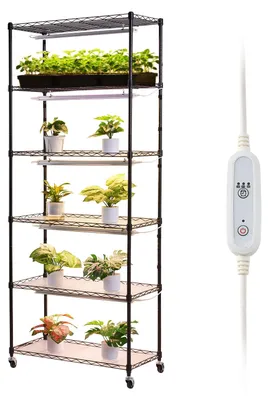 Produktbild von SucceBuy Pflanzenregal mit Wachstumslicht, 6-stufiger Pflanzenständer mit Rollen und einstellbarem Timer (4/9/14 Stunden), 150 W Vollspektrum-LED in 3 Lichtfarben, Blumenständer für Anzucht, 75x35x180 cm