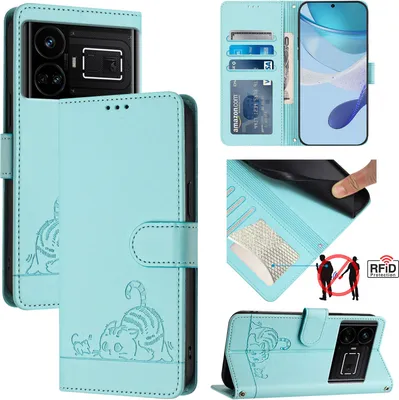Produktbild von Leder Hülle für Realme GT 5G/Realme GT Neo 5G Süße Katze Flip Case Brieftasche Schutzhülle mit Standfunktion hellgrün