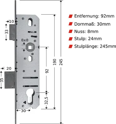 Produktbild von FELGNER Rohrrahmen-Einsteckschloss für Profilzylinder Dornmaß 25-45 mm (Dornmass: 30 mm) Dornmass: 30 mm