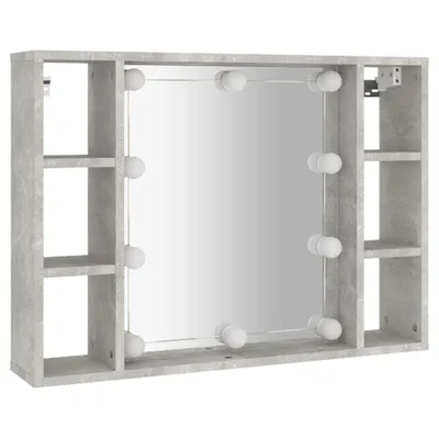 A vanity mirror with lights and shelves.