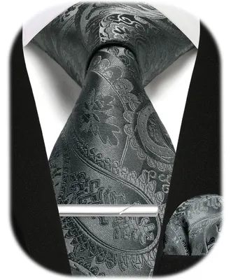 Image de Ensemble de cravates pour hommes comprenant une cravate, un mouchoir de poche et une aiguillette, motif Paisley, couleur gris foncé