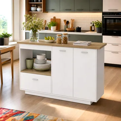 Produktbild von Kücheninsel mit Klappbarer Arbeitsplatte, Kücheninselschrank mit 1 Schubladen und 2 Türen, Buffet, Weiß und Eiche-Optik, MDF, 150 x 40/80 x 91 cm